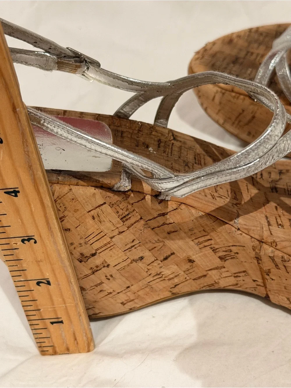 Stuart Weitzman Silver Metallic Strappy Cork Wedge Sandals - Picture 7 of 10